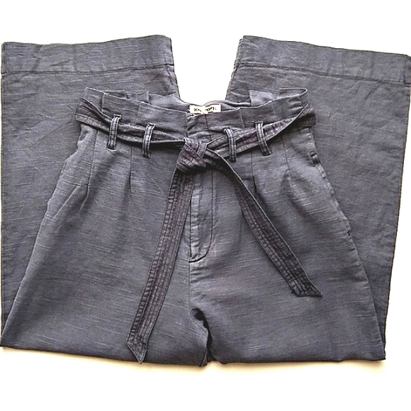 NWT RAG POETS LINEN BLEND DARK BLUE CROPPED PAPERBAG PANTS WIDE LEG EASY BREEZY - Picture 5 of 12